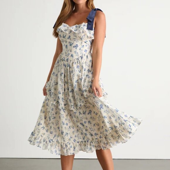 Lulus Dresses & Skirts - Lulus Candice Ivory Floral Ruffled Tie-Strap Midi Dress